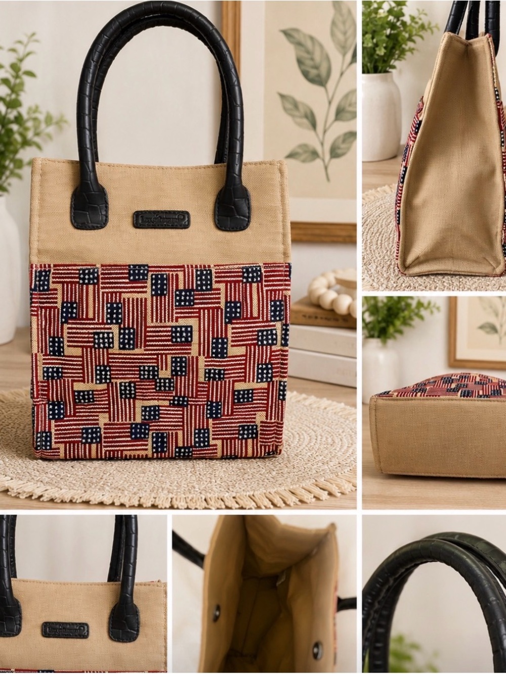 Longaberger Beige Canvas Tote with Red & Blue Flag Print and Black Handles